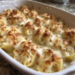 Close-up of baked Cheesy Chicken Stuffed Pasta shells covered in bubbly, browned cream sauce.
