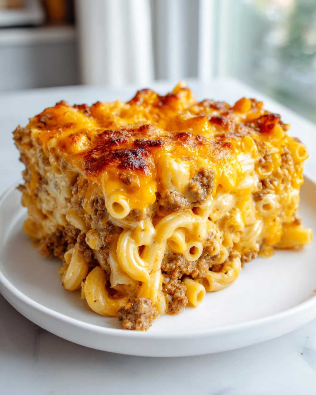 A generous serving of Cheesy Ground Beef Pasta Bake with Creamy Sauce, featuring macaroni, ground beef, and a melted, browned cheese topping.