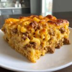 A tempting square slice of Cheesy Ground Beef Pasta Bake with Creamy Sauce, featuring macaroni and browned meat under a golden, bubbly cheese crust.