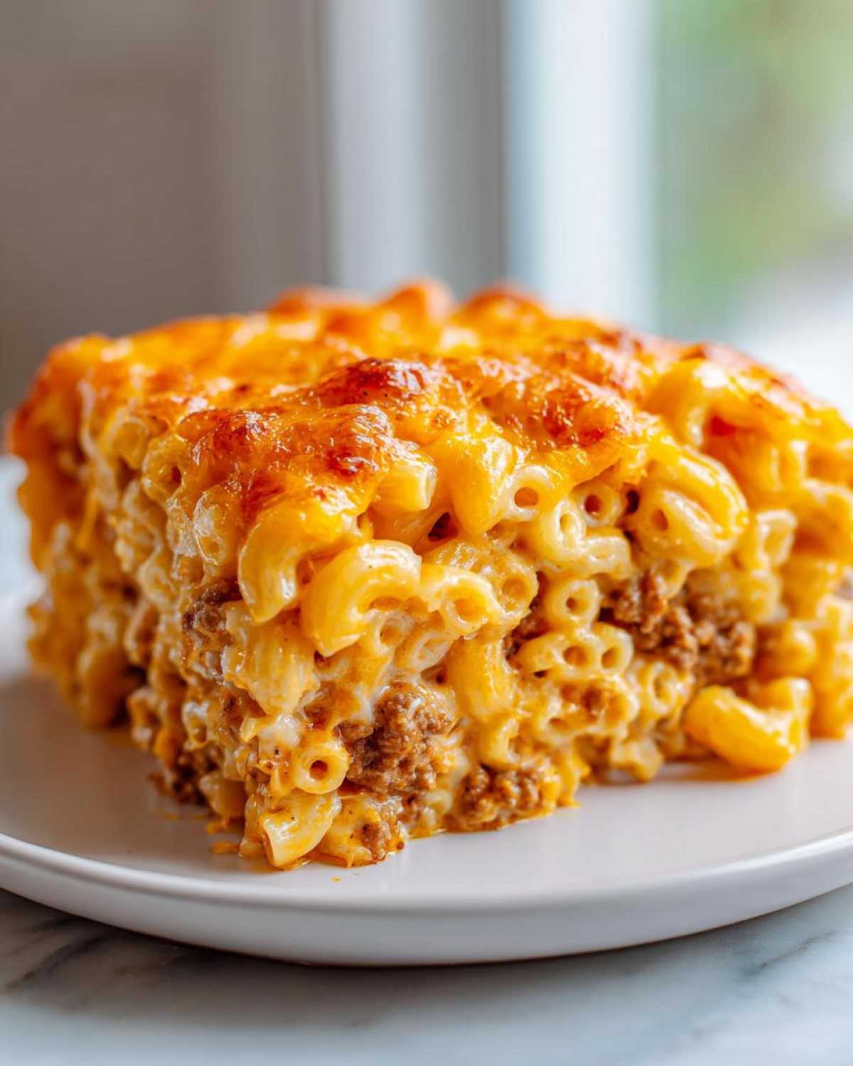 A generous square serving of Cheesy Ground Beef Pasta Bake with creamy sauce and a bubbly, golden-brown cheese crust.