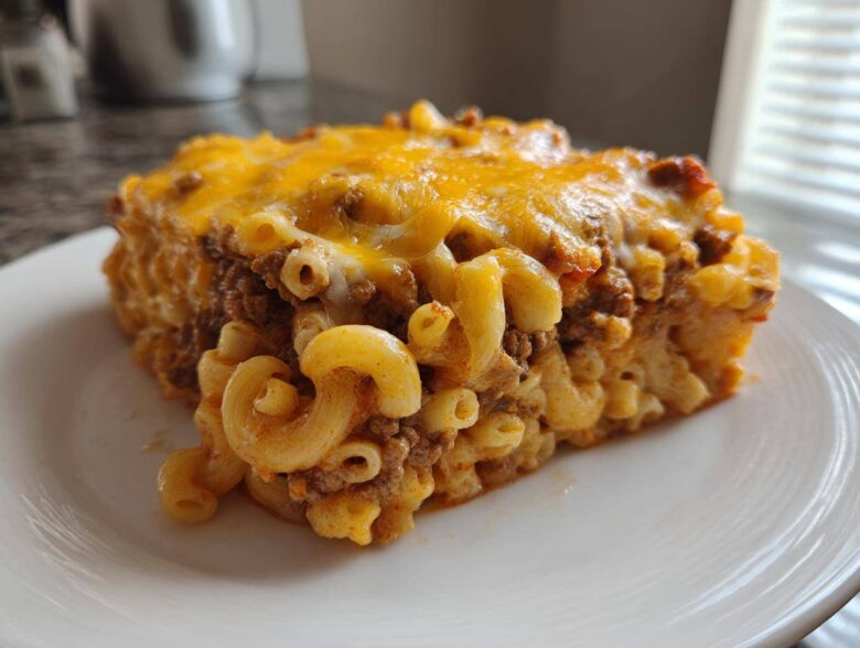 A hearty slice of Cheesy Ground Beef Pasta Bake with creamy sauce, topped with melted cheddar cheese.