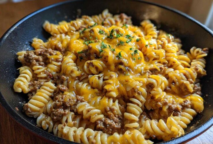 Close-up of Cheesy Ground Beef Pasta Skillet with melted cheddar cheese and parsley garnish in a dark skillet.