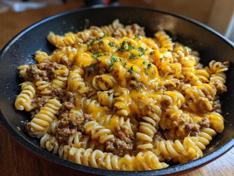 Close-up of Cheesy Ground Beef Pasta Skillet with melted cheddar cheese and parsley garnish in a dark skillet.