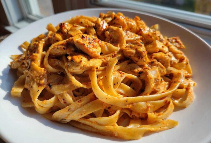 Close-up of rich, creamy Cajun chicken pasta with fettuccine noodles and seasoned chicken pieces.