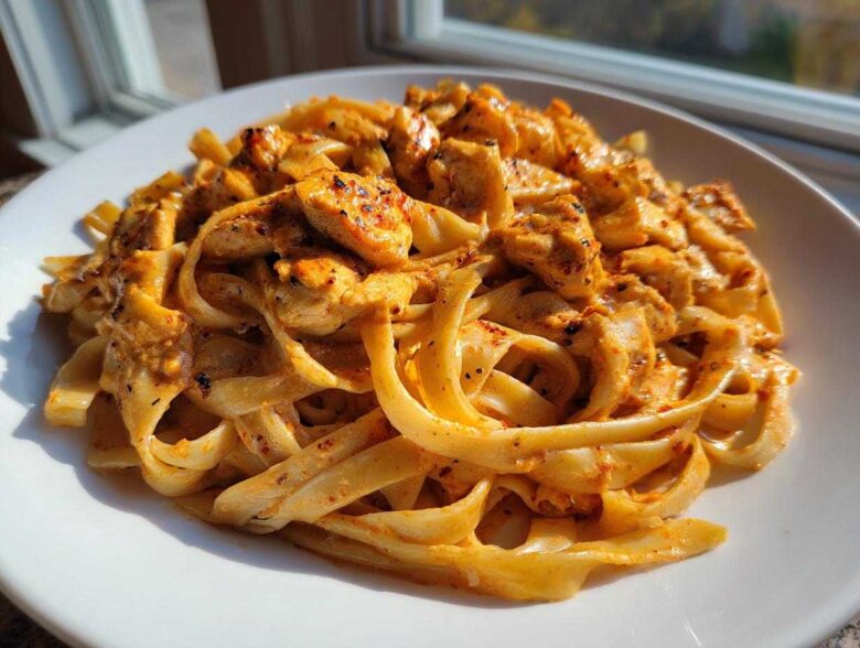 Close-up of rich, creamy Cajun chicken pasta with fettuccine noodles and seasoned chicken pieces.