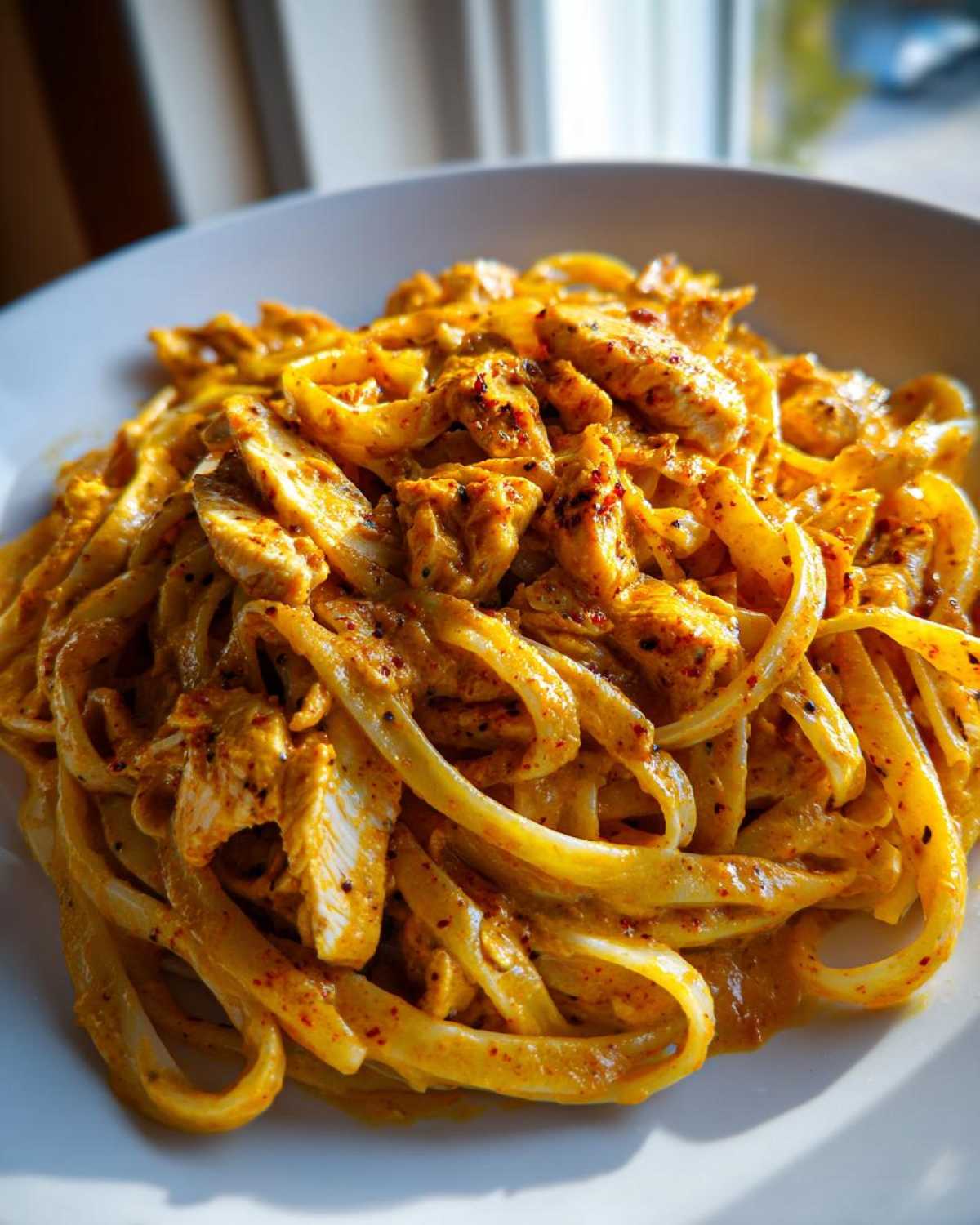 A close-up shot of a bowl filled with rich, orange-hued Creamy Cajun Chicken Pasta featuring fettuccine noodles and sliced chicken breast.
