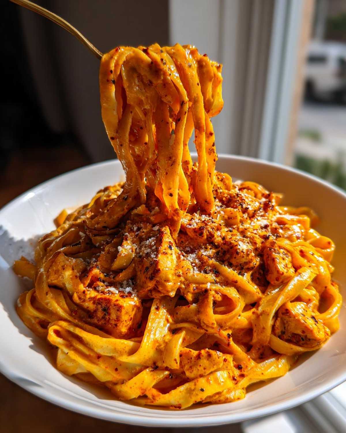 A fork lifting fettuccine noodles coated in rich sauce from a bowl of Creamy Cajun Chicken Pasta.