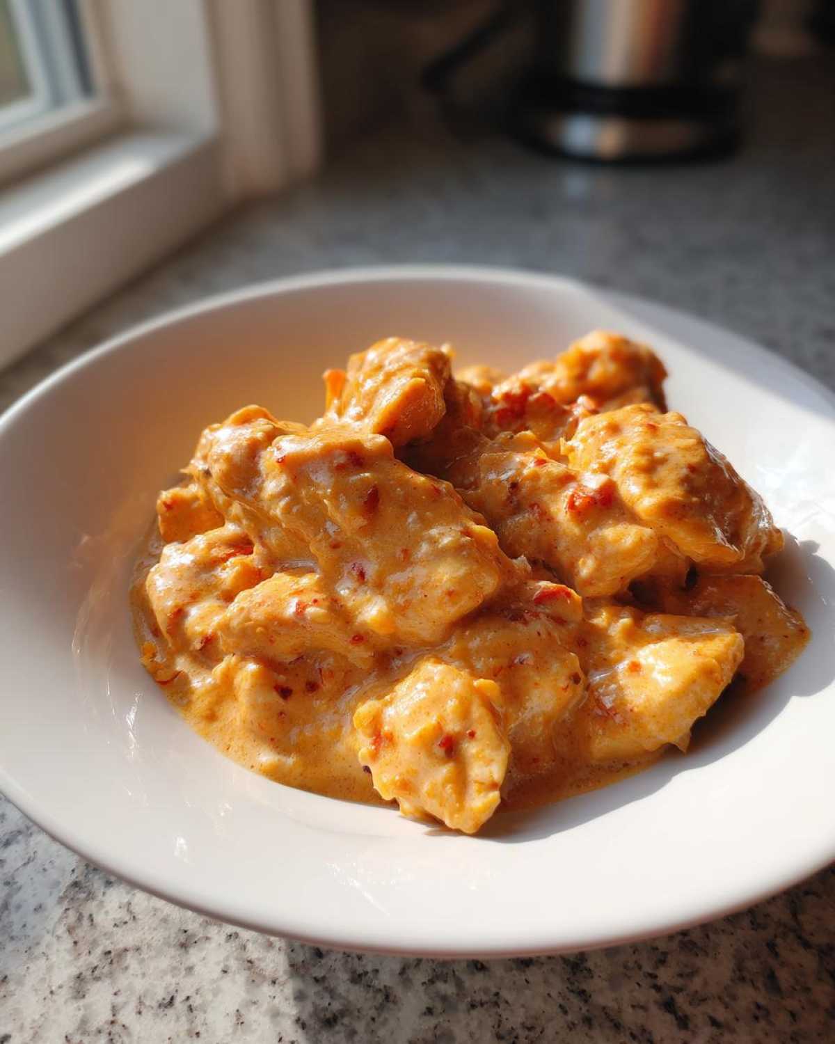 Close-up of tender chicken pieces coated in a rich, orange-hued Creamy Cajun Chicken Skillet with Cream Sauce, served in a white bowl.