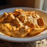 Close-up of tender chicken pieces coated in a rich, orange-hued Creamy Cajun Chicken Skillet with Cream Sauce, garnished with herbs.