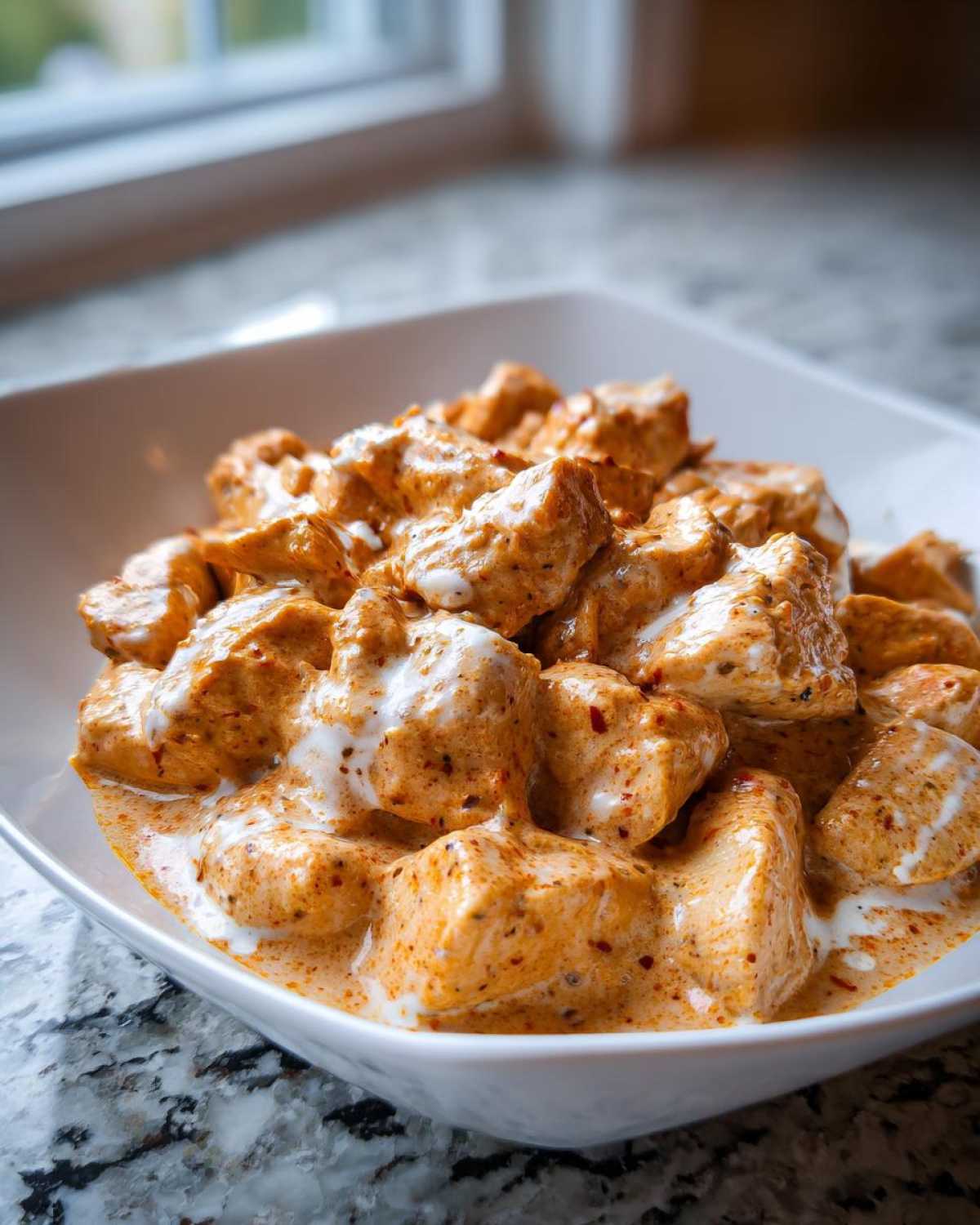 Close-up of tender chicken pieces coated in a rich, orange-hued Creamy Cajun Chicken Skillet sauce with swirls of white cream.