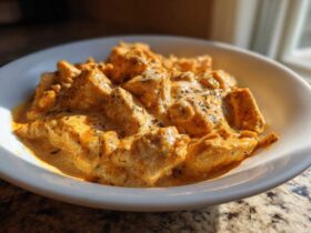 Close-up of tender chicken pieces coated in a rich, orange-hued Creamy Cajun Chicken Skillet with Cream Sauce, garnished with herbs.