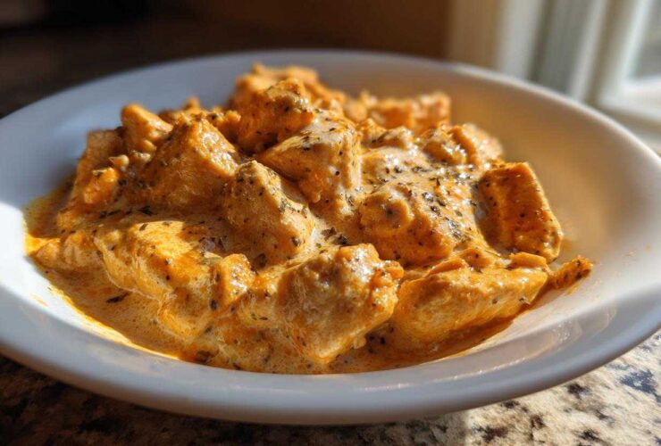 Close-up of tender chicken pieces coated in a rich, orange-hued Creamy Cajun Chicken Skillet with Cream Sauce, garnished with herbs.