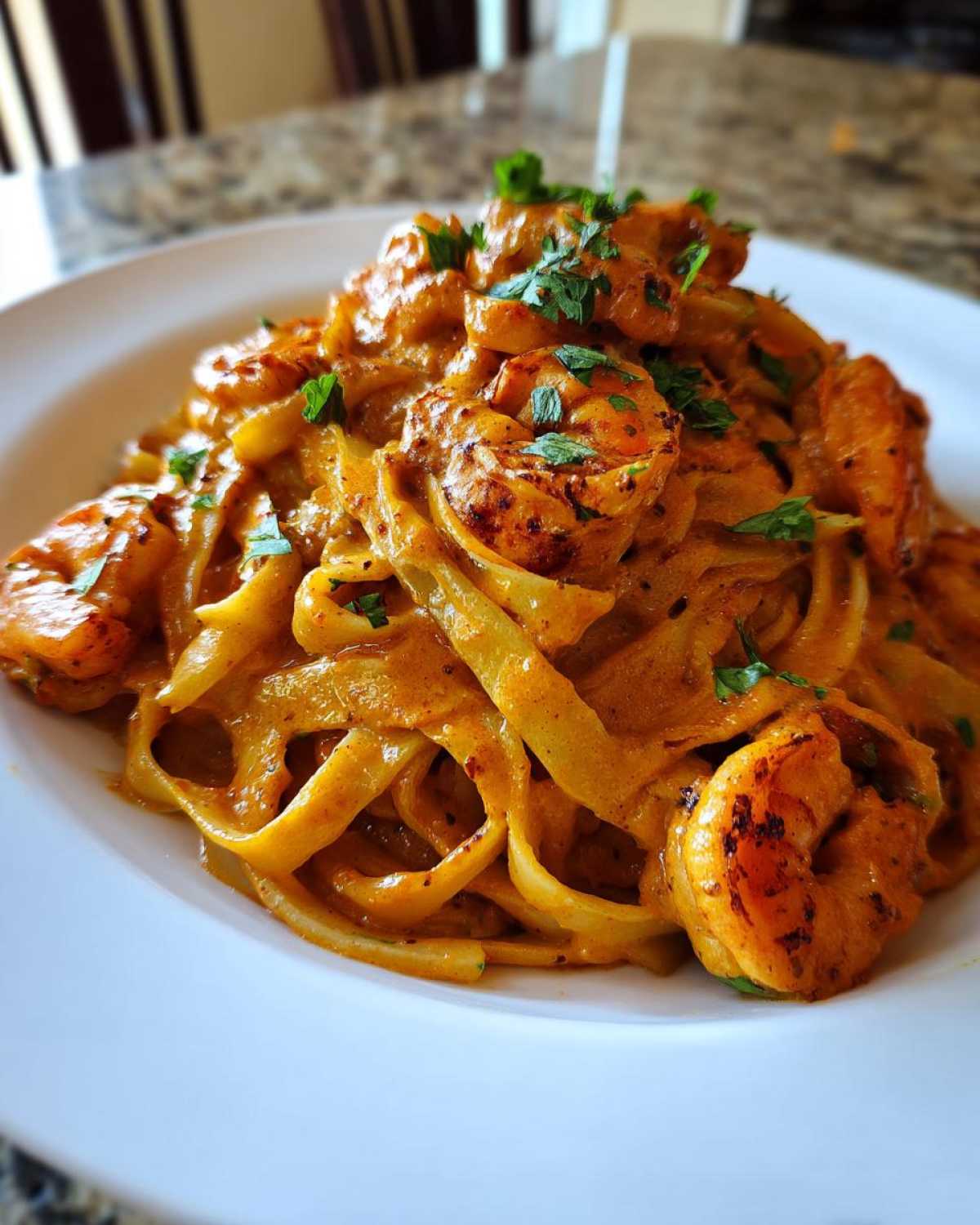 Close-up of Creamy Cajun Shrimp Pasta with bold orange sauce and fresh parsley garnish.