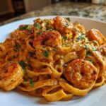 Close-up of Creamy Cajun Shrimp Pasta Bold Flavor featuring fettuccine coated in a rich, orange sauce with seasoned shrimp and parsley.