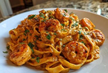 Close-up of Creamy Cajun Shrimp Pasta Bold Flavor featuring fettuccine coated in a rich, orange sauce with seasoned shrimp and parsley.