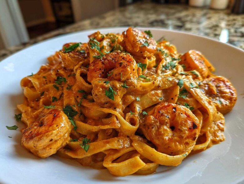 Close-up of Creamy Cajun Shrimp Pasta Bold Flavor featuring fettuccine coated in a rich, orange sauce with seasoned shrimp and parsley.