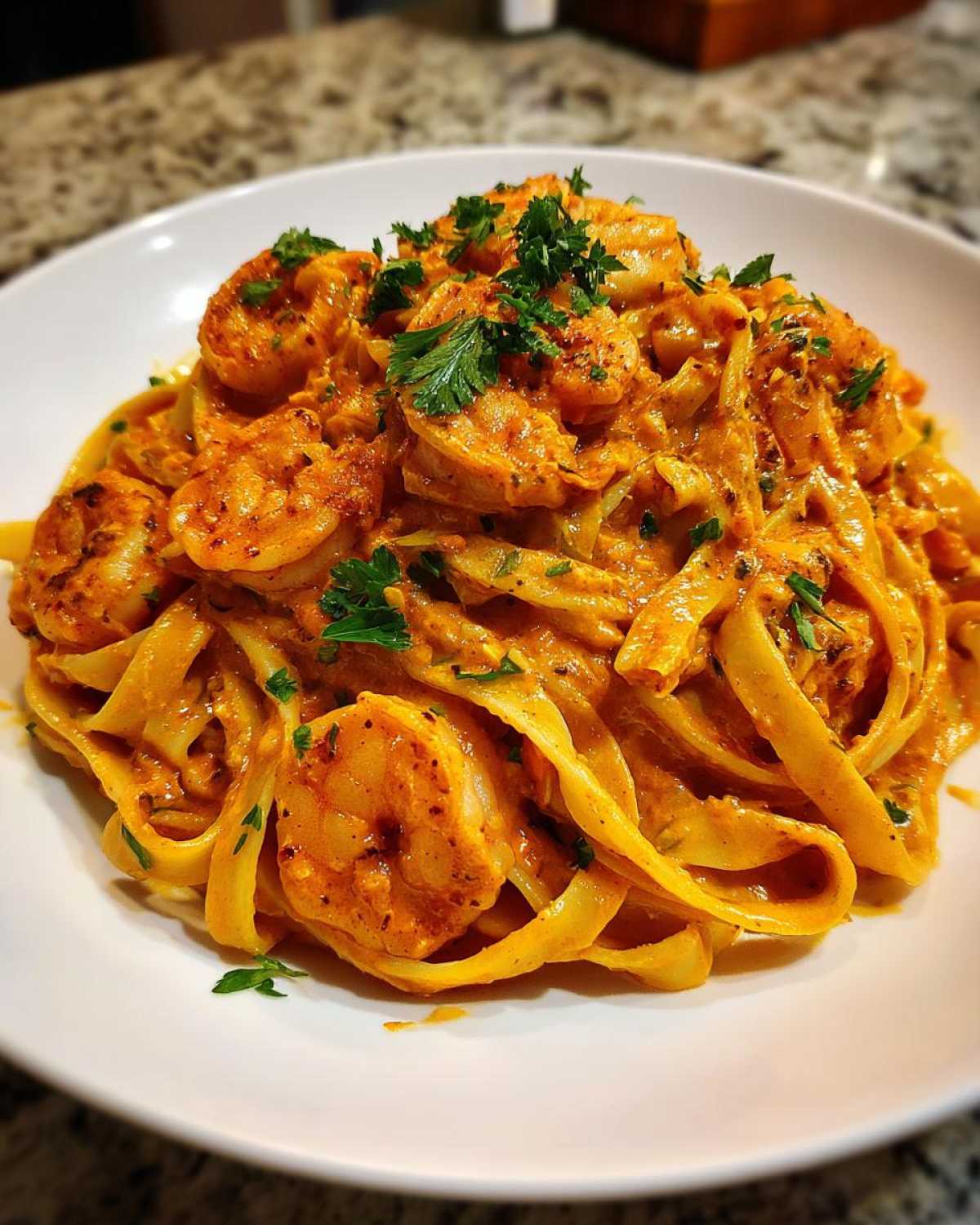 A close-up of a white bowl filled with Creamy Cajun Shrimp Pasta, featuring fettuccine noodles and seasoned shrimp, topped with fresh parsley.