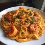 Close-up of a white bowl filled with Creamy Cajun Shrimp Pasta Bold Flavor, topped with seasoned shrimp and parsley.