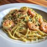 A close-up of rich Creamy Lemon Shrimp Pasta with Garlic Sauce, topped with shrimp, lemon zest, and parsley.