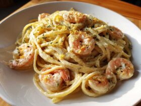 A close-up of a serving of Creamy Lemon Shrimp Pasta with Garlic Sauce, topped with lemon zest and herbs.