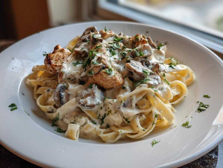 A plate of fettuccine pasta tossed in a rich, creamy mushroom chicken pasta with garlic sauce, garnished with parsley.
