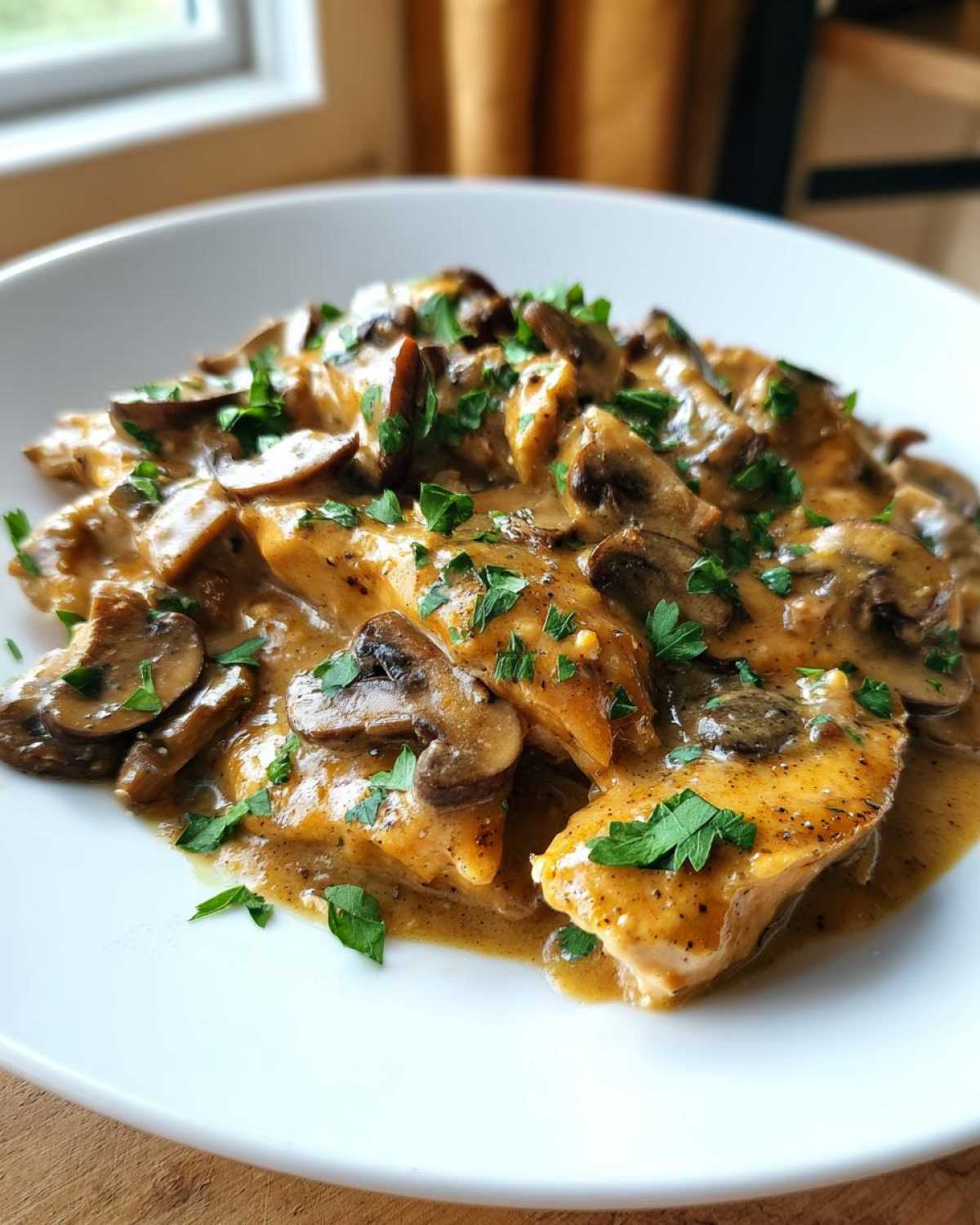 Close-up of tender chicken pieces smothered in a rich, creamy mushroom sauce and garnished with fresh parsley, perfect for a Creamy Mushroom Chicken Skillet Easy Dinner.