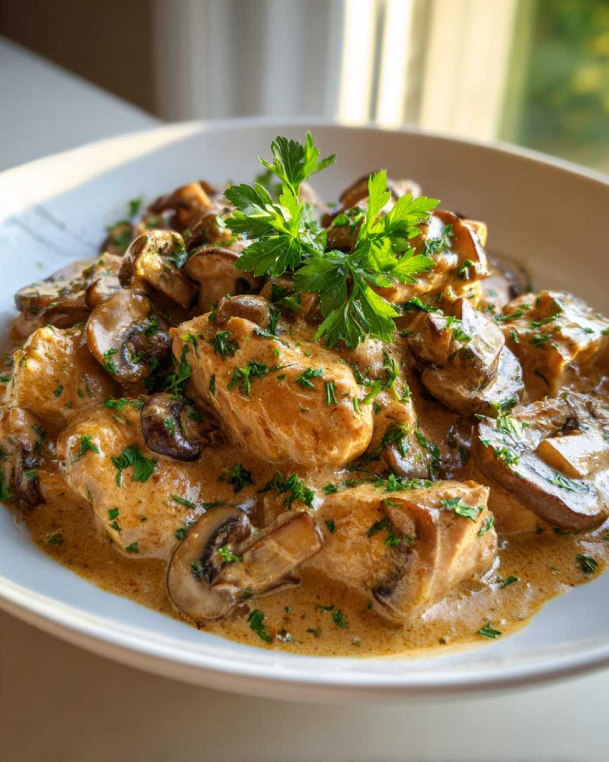 Close-up of tender chicken pieces smothered in a rich sauce with sliced mushrooms, garnished with fresh parsley, a perfect Creamy Mushroom Chicken Skillet Easy Dinner.