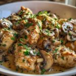 Close-up of tender chicken pieces smothered in a rich, creamy mushroom sauce and garnished with fresh parsley, perfect for a Creamy Mushroom Chicken Skillet.