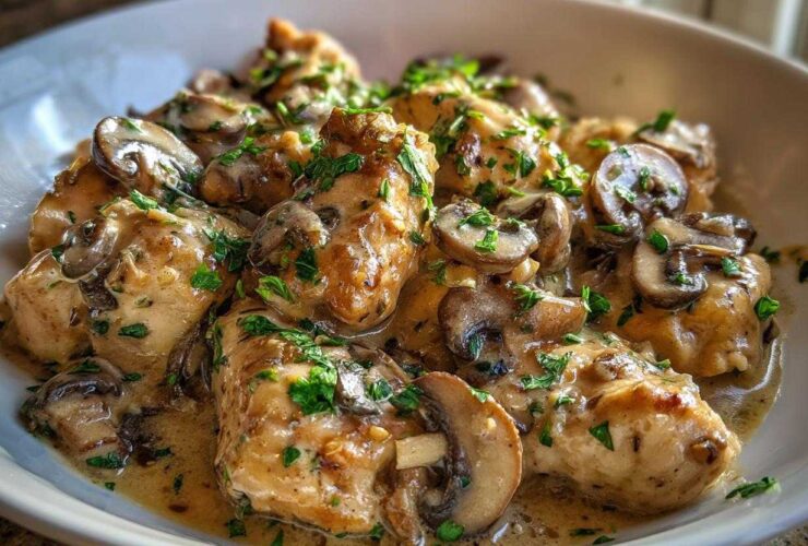 Close-up of tender chicken pieces smothered in a rich, creamy mushroom sauce and garnished with fresh parsley, perfect for a Creamy Mushroom Chicken Skillet.