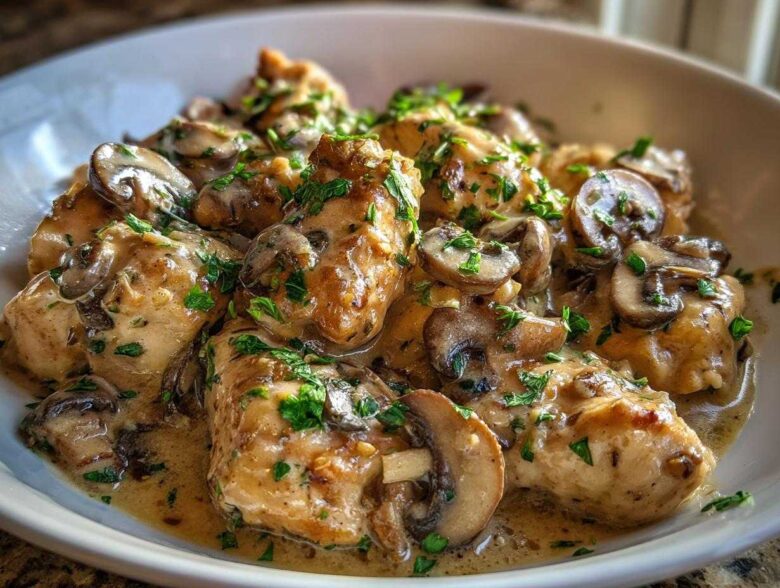 Close-up of tender chicken pieces smothered in a rich, creamy mushroom sauce and garnished with fresh parsley, perfect for a Creamy Mushroom Chicken Skillet.