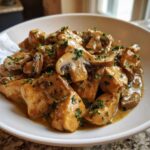 A white bowl filled with tender pieces of chicken and sliced mushrooms coated in a rich sauce, garnished with fresh parsley, perfect for a Creamy Mushroom Chicken Skillet Easy Dinner.