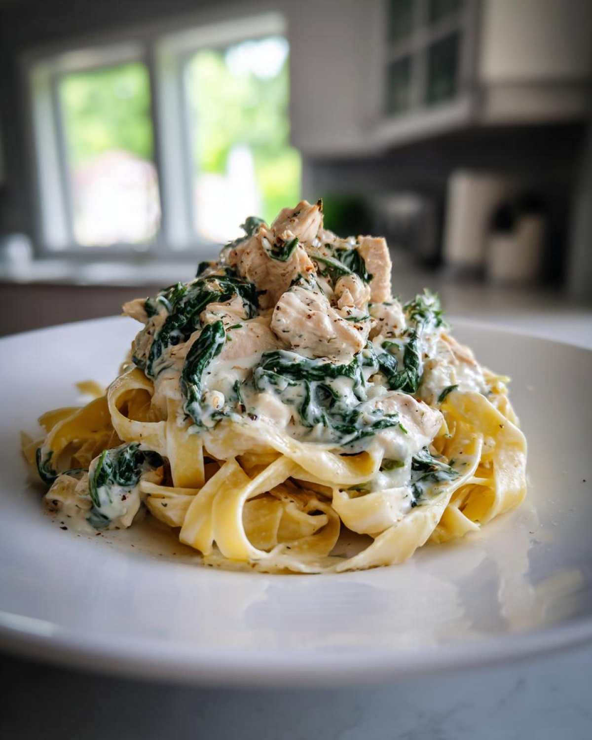 A serving of Creamy Spinach Chicken Pasta with Alfredo Sauce featuring fettuccine noodles, topped with chicken pieces and spinach.