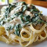 Close-up of fettuccine pasta topped with rich Alfredo sauce, chicken pieces, and wilted spinach in Creamy Spinach Chicken Pasta.