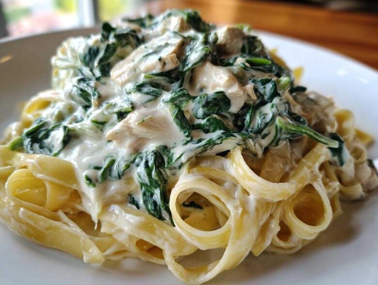 Close-up of fettuccine pasta topped with rich Alfredo sauce, chicken pieces, and wilted spinach in Creamy Spinach Chicken Pasta.