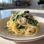 A close-up of a serving of Creamy Spinach Chicken Pasta with Alfredo Sauce topped with grated Parmesan cheese.