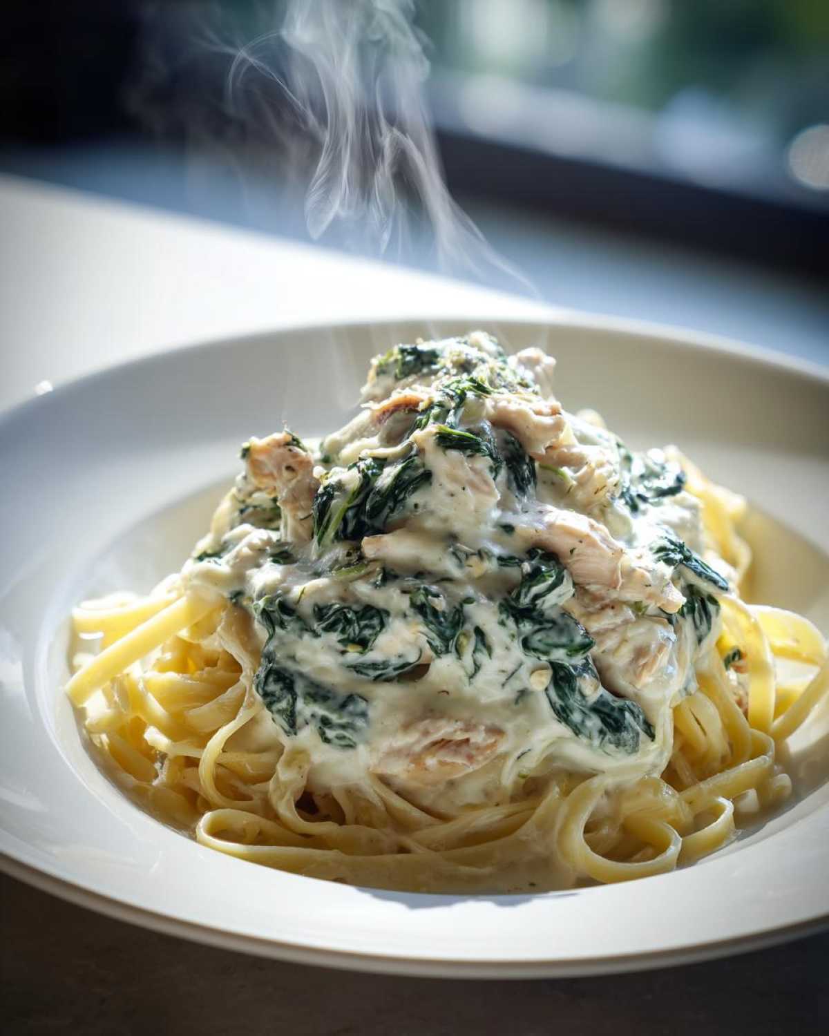 A close-up of hot, steaming Creamy Spinach Chicken Pasta with Alfredo Sauce served in a white bowl.