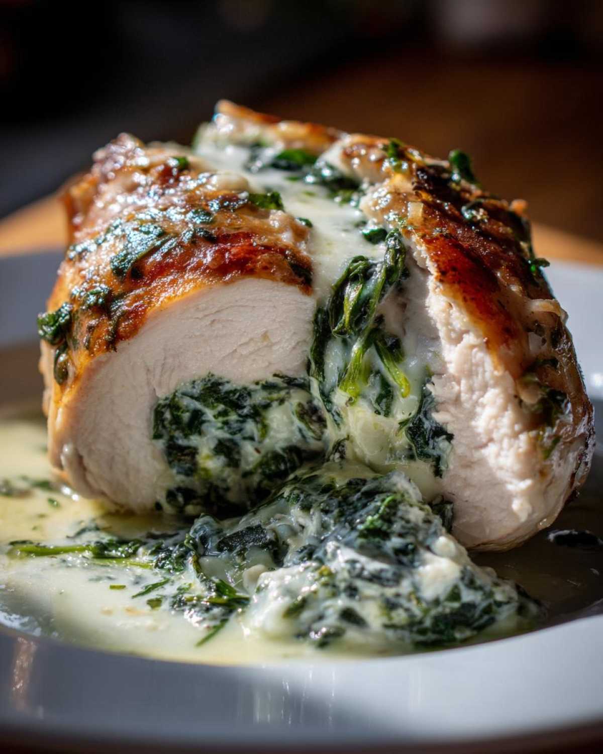 Close-up of a cooked Creamy Spinach Stuffed Chicken Breast cut in half, showing the rich spinach filling overflowing onto the plate.