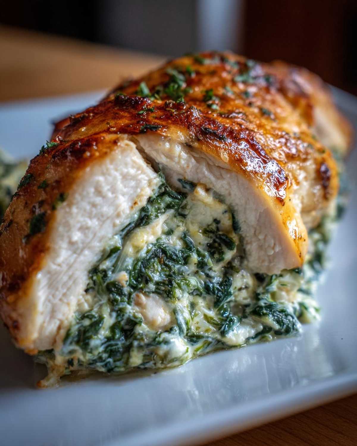 Close-up of a perfectly cooked Creamy Spinach Stuffed Chicken Breast, sliced open to show the rich filling.