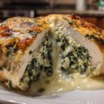 Close-up of a Creamy Spinach Stuffed Chicken Breast cut in half, showing melted cheese and spinach filling.