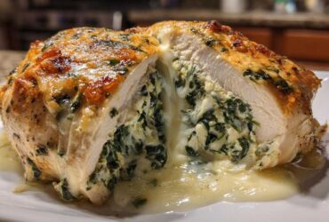 Close-up of a Creamy Spinach Stuffed Chicken Breast cut in half, showing melted cheese and spinach filling.