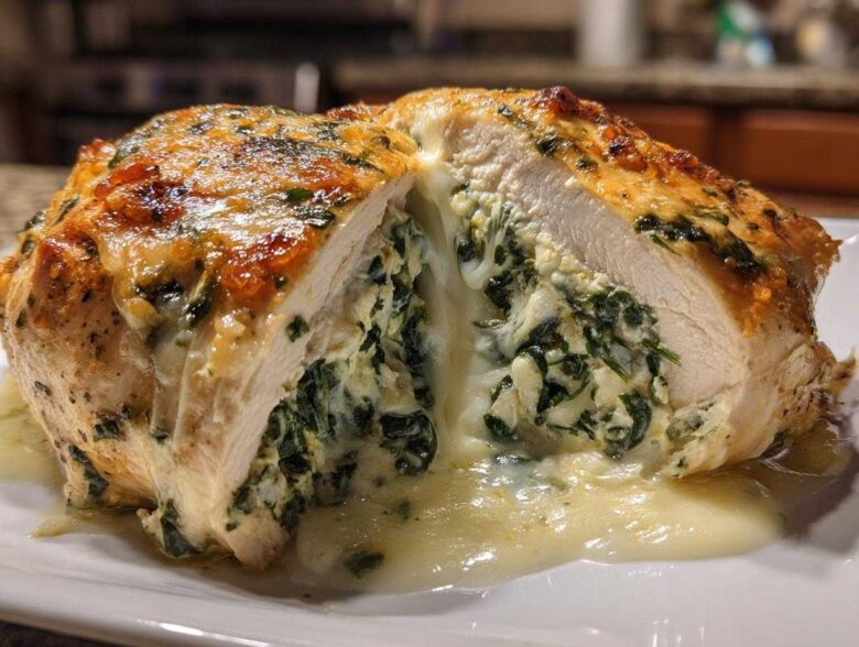 Close-up of a Creamy Spinach Stuffed Chicken Breast cut in half, showing melted cheese and spinach filling.