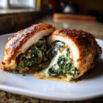 Cross-section of a perfectly cooked Creamy Spinach Stuffed Chicken Breast showing gooey cheese and spinach filling.