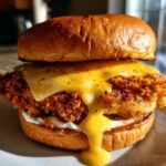 Close-up of a Crispy Chicken Burger featuring a thick, golden-brown patty topped with melting cheese and honey mustard sauce.