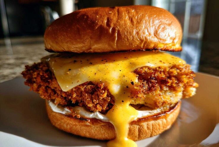 Close-up of a Crispy Chicken Burger featuring a thick, golden-brown patty topped with melting cheese and honey mustard sauce.