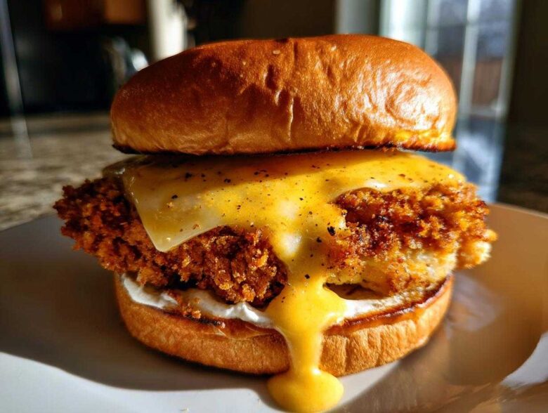 Close-up of a Crispy Chicken Burger featuring a thick, golden-brown patty topped with melting cheese and honey mustard sauce.