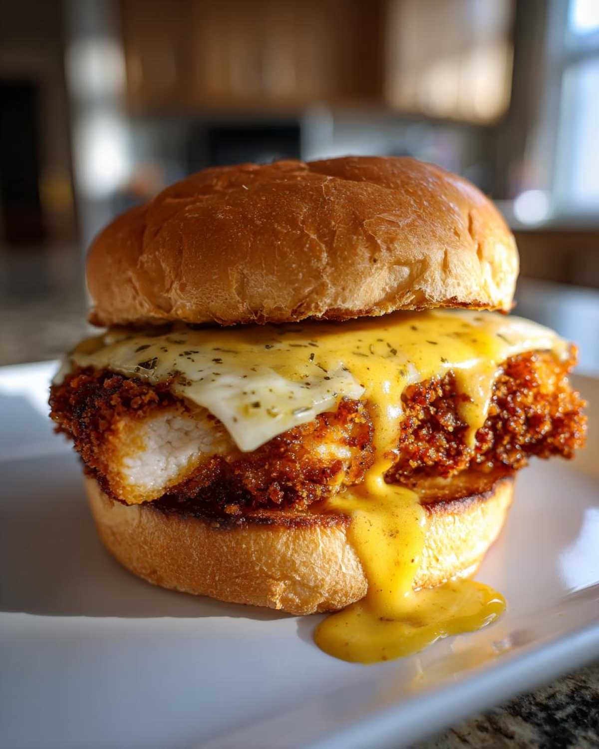 Close-up of a Crispy Chicken Burger with Honey Mustard Sauce dripping over the edges.