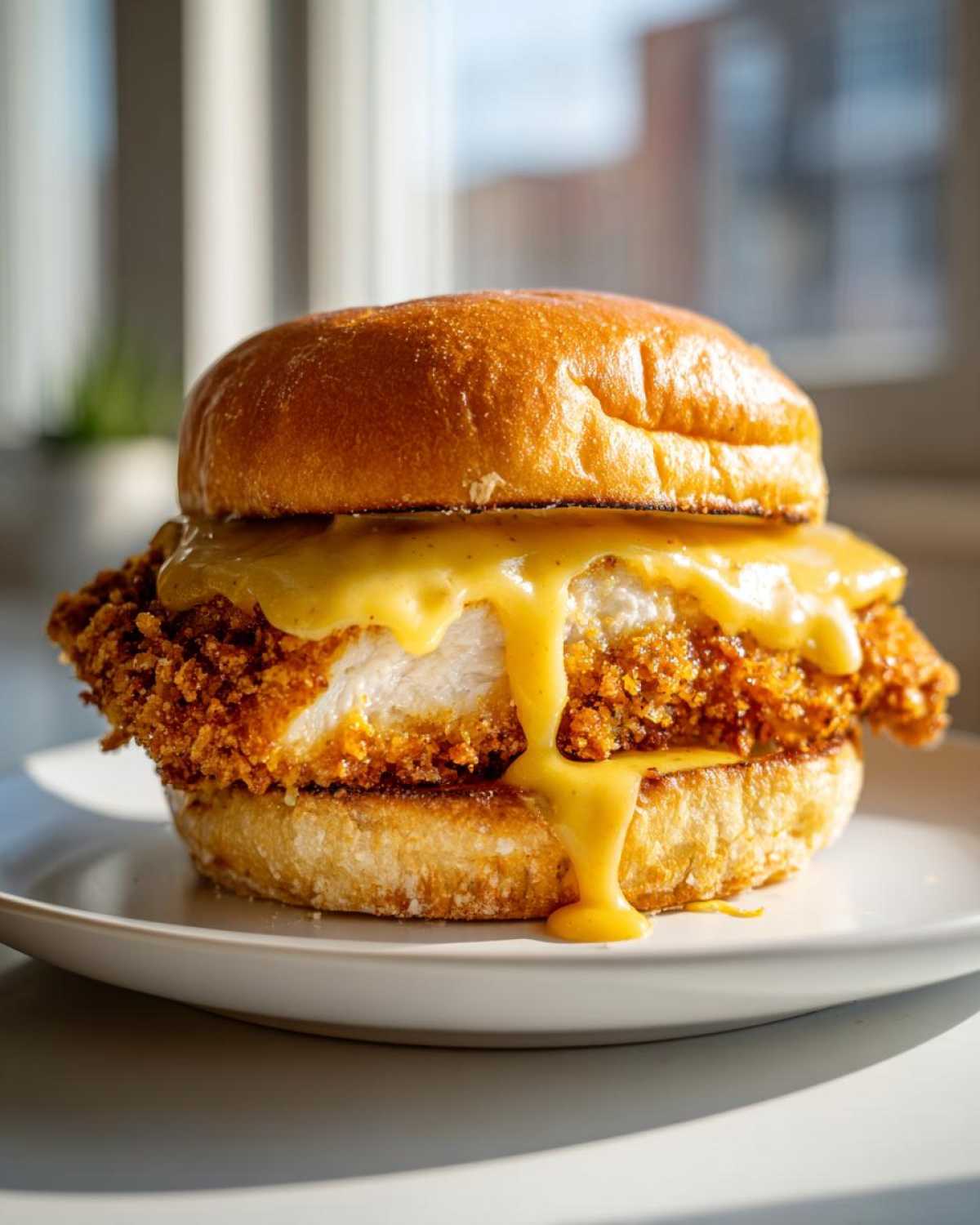 Close-up of a Crispy Chicken Burger with honey mustard sauce generously dripping over the fried chicken patty and bun.