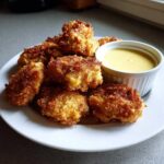 A plate of golden brown Crispy Chicken Nuggets served with a small white ramekin of bright yellow honey mustard dip.