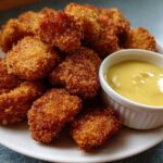 A plate piled high with golden brown Crispy Chicken Nuggets next to a small white bowl of bright yellow honey mustard dip.