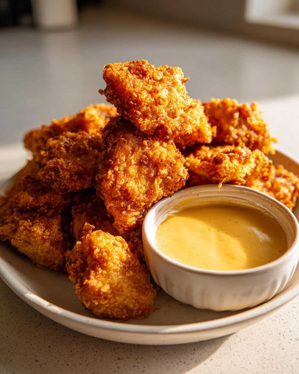 A pile of golden brown Crispy Chicken Nuggets served with a small bowl of creamy yellow Honey Mustard Dip.